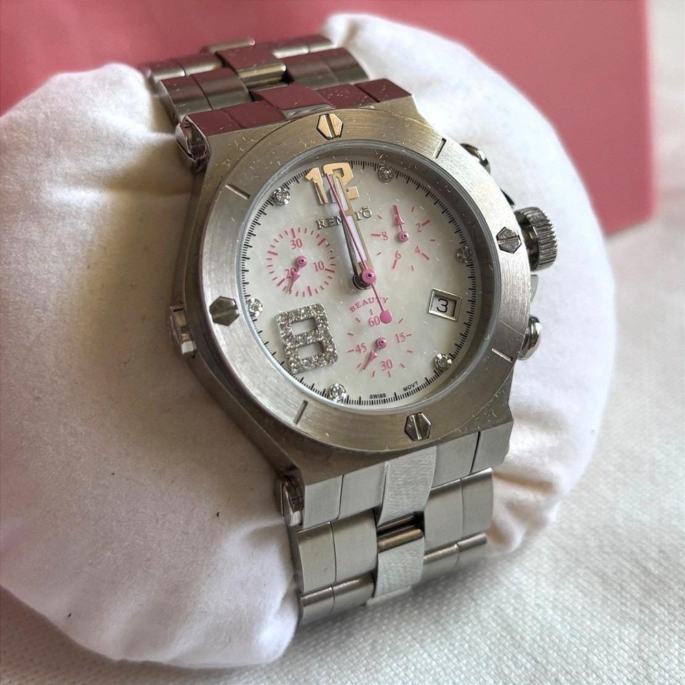Renato Beauty Chronograph Swiss Movt White Pink Dial Crystal Women's Watch Date - Picture 4 of 10